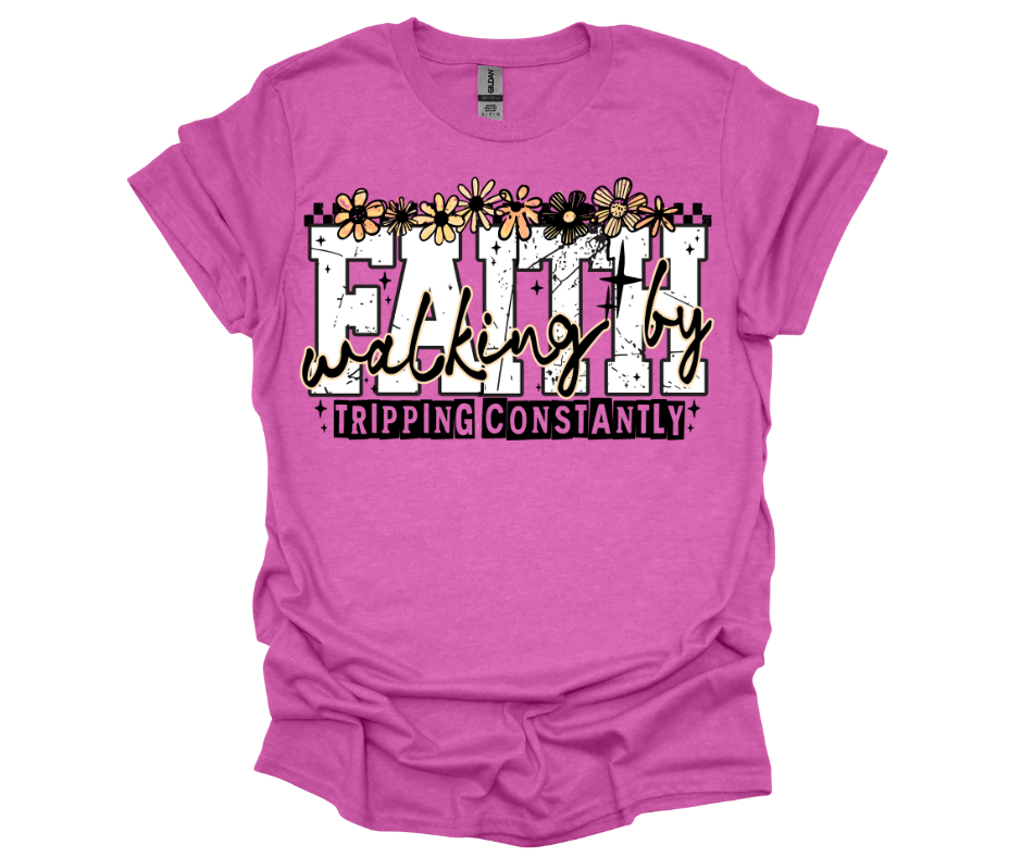Walking by faith by tripping t-shirt