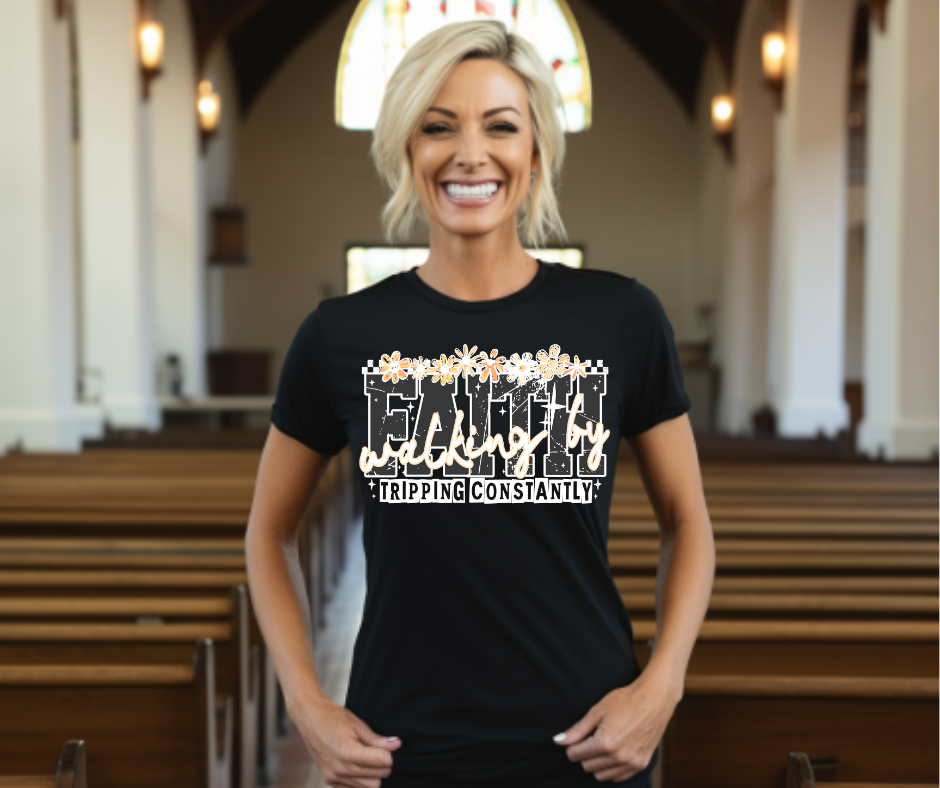 Walking by faith by tripping t-shirt