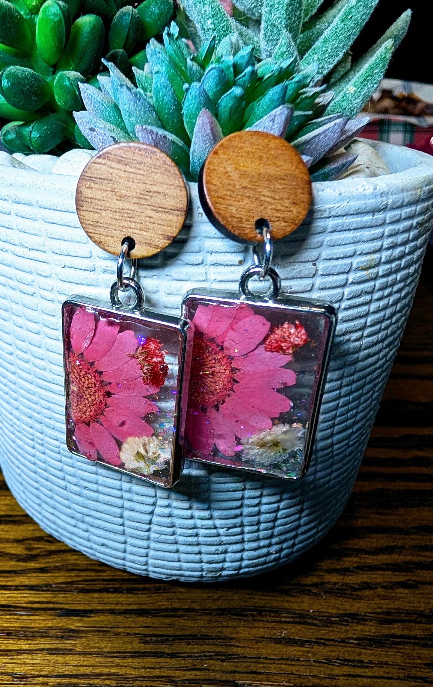 Pink floral resin earrings