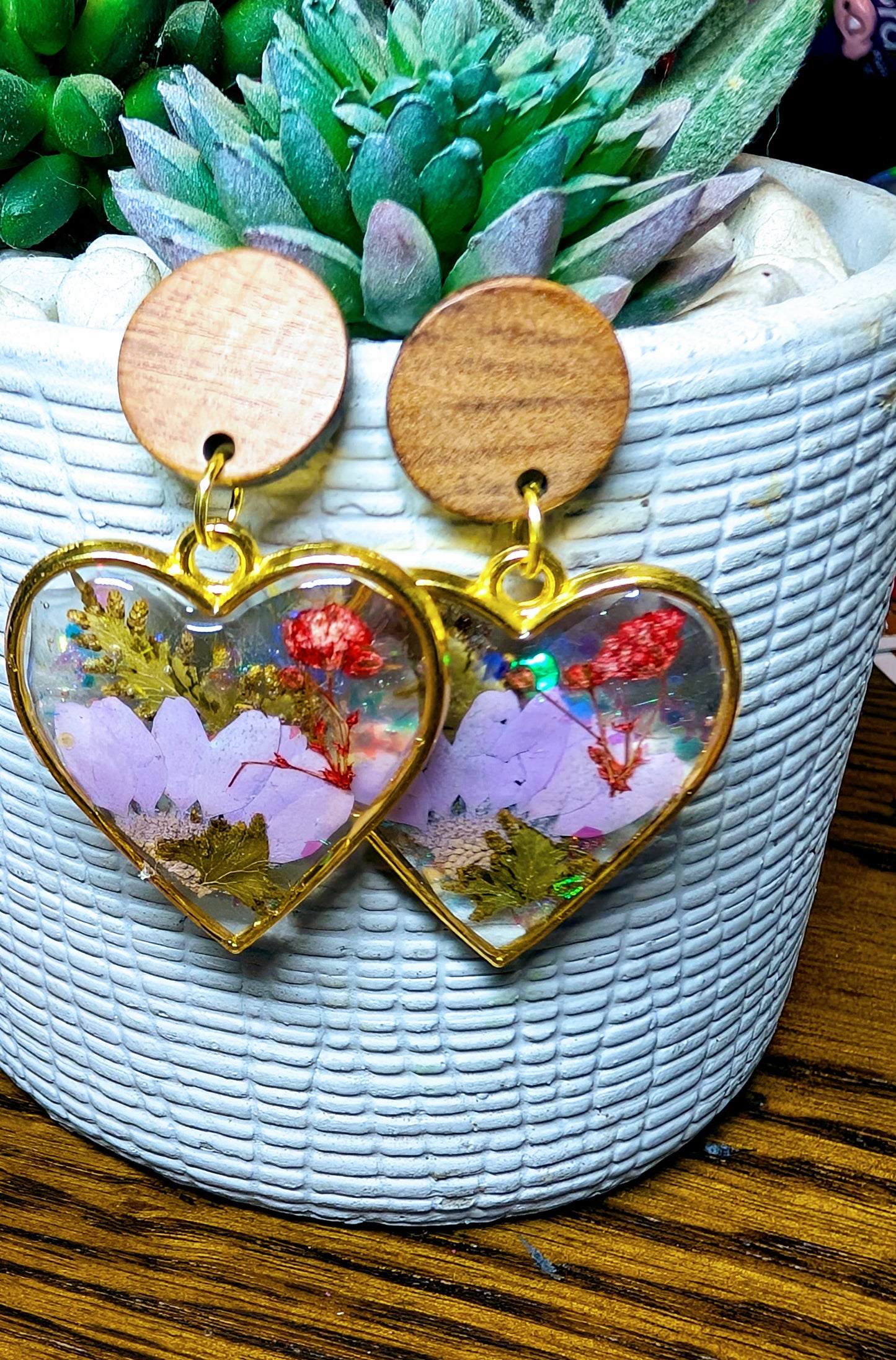 Floral heart shaped resin earrings