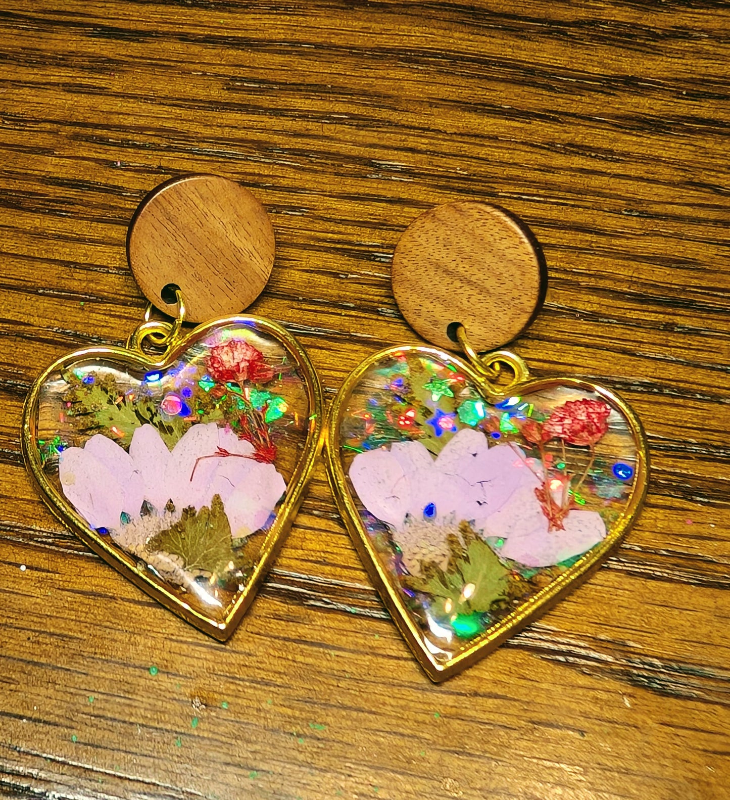 Floral heart shaped resin earrings